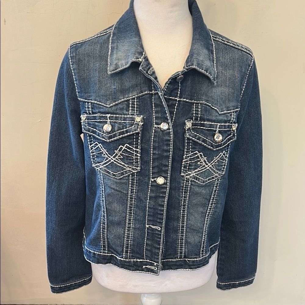 Earl Jeans Classic Blue Denim Jacket with faux diamond buttons Size M EUC